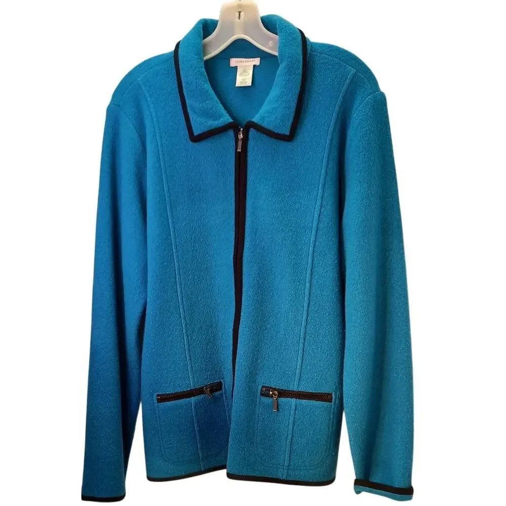 Vintage Laura Ashley Wool Jacket Teal Black Trim Full Zip Women's Large Heritage - Picture 3 of 6